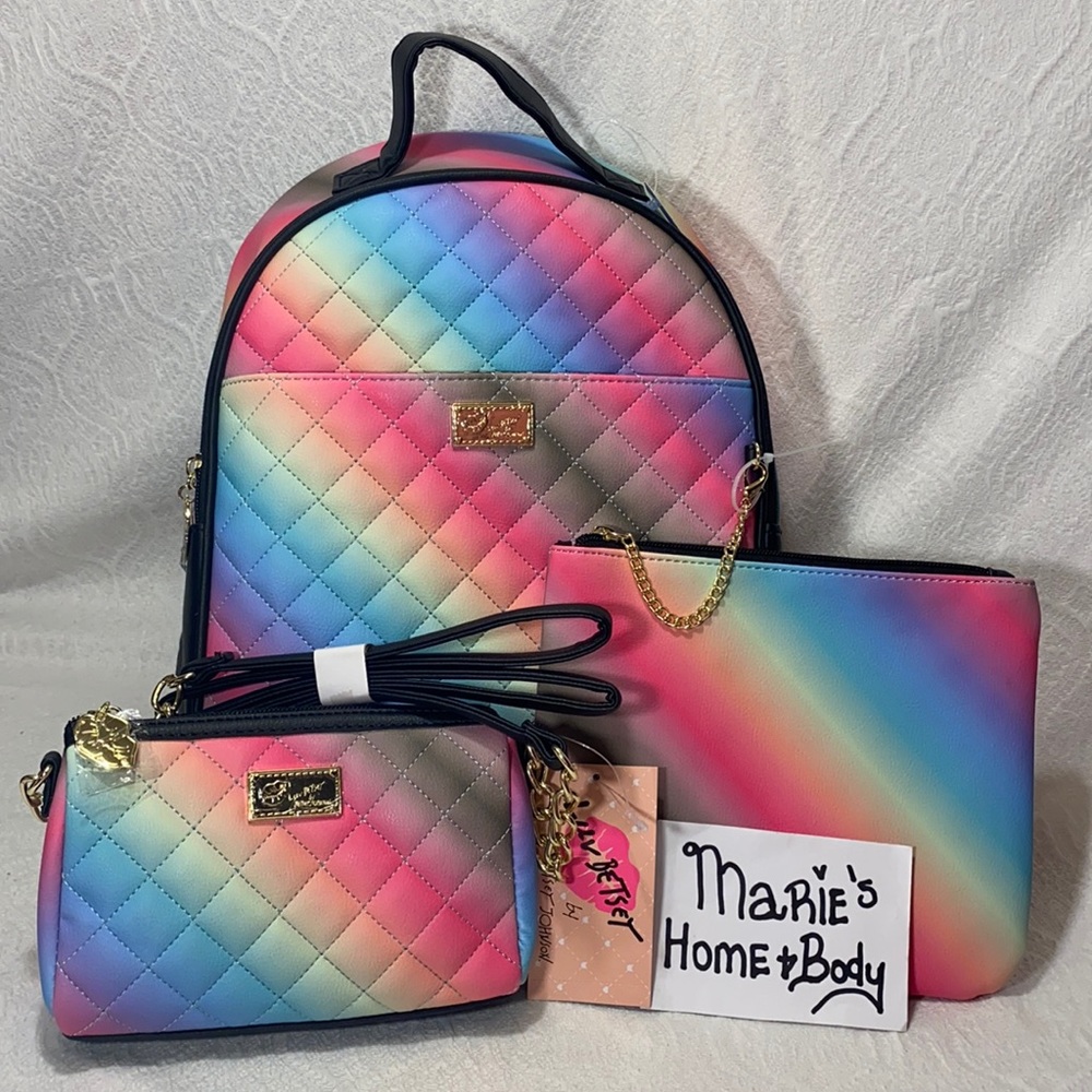 Betsey Johnson Luv Crossbody Purse backpack pouch Rainbow ombre 3pc NWT